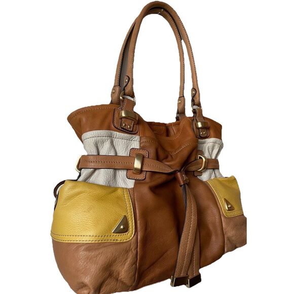 New B Makowsky Leather Colorblock Shoulder Bag Purse Satchel with Gold Hardware - Picture 2 of 4